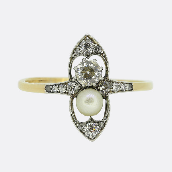 Victorian Pearl and Diamond Navette Ring