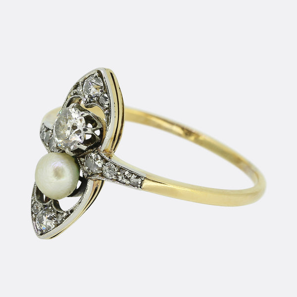 Victorian Pearl and Diamond Navette Ring