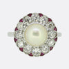 Art Deco Pearl Ruby and Diamond Cluster Ring