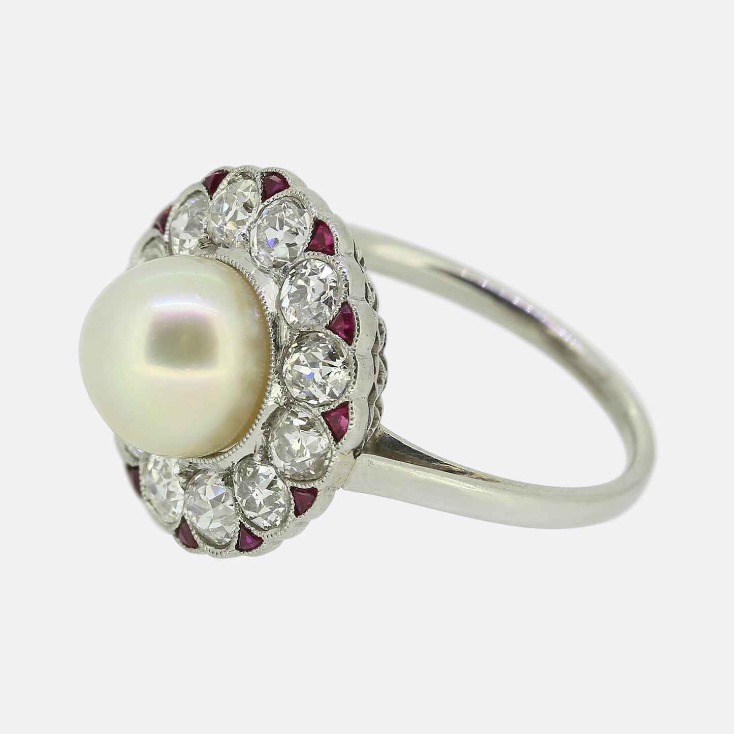 Art Deco Pearl Ruby and Diamond Cluster Ring