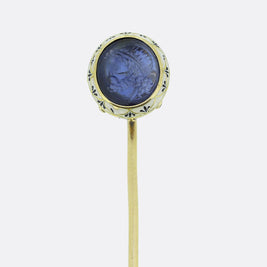 Antique Sapphire Roman Bust Intaglio and Enamel Stick Pin