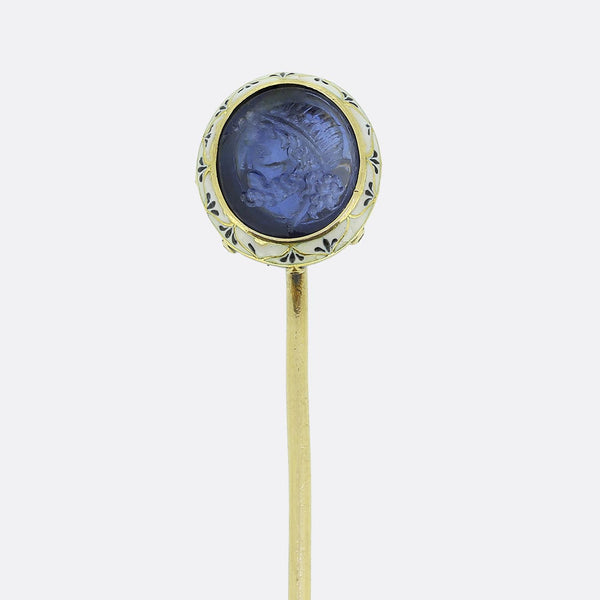 Antique Sapphire Roman Bust Intaglio and Enamel Stick Pin