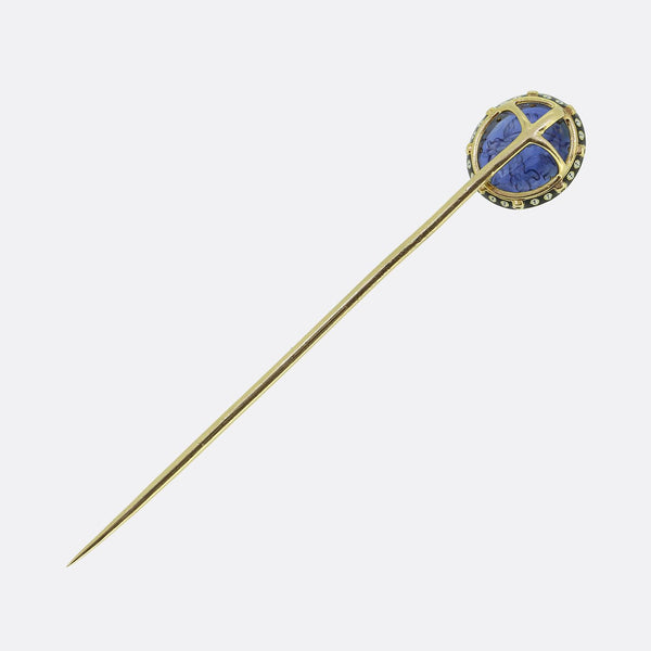 Antique Sapphire Roman Bust Intaglio and Enamel Stick Pin