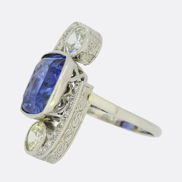 Art Deco 9.20 Carat Unheated Ceylon Sapphire and Diamond Ring