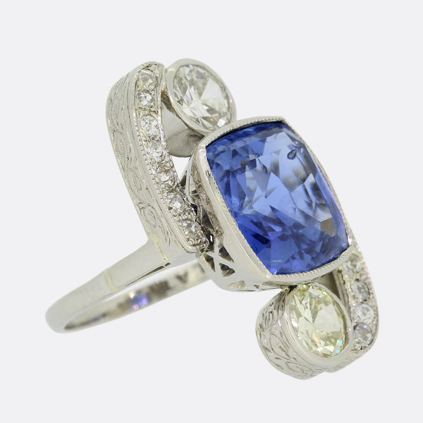Art Deco 9.20 Carat Unheated Ceylon Sapphire and Diamond Ring