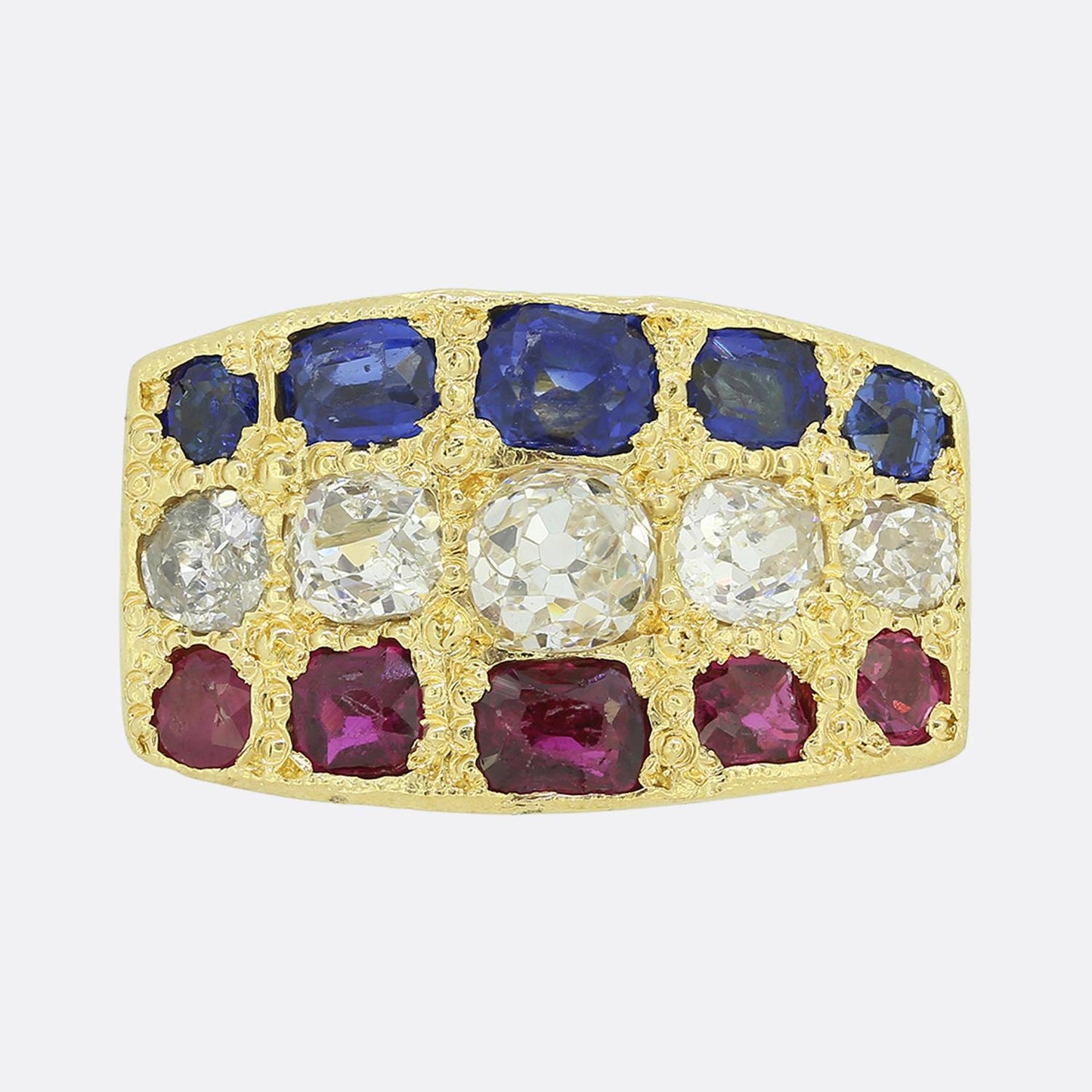 Edwardian Ruby Sapphire and Diamond Three Row Ring
