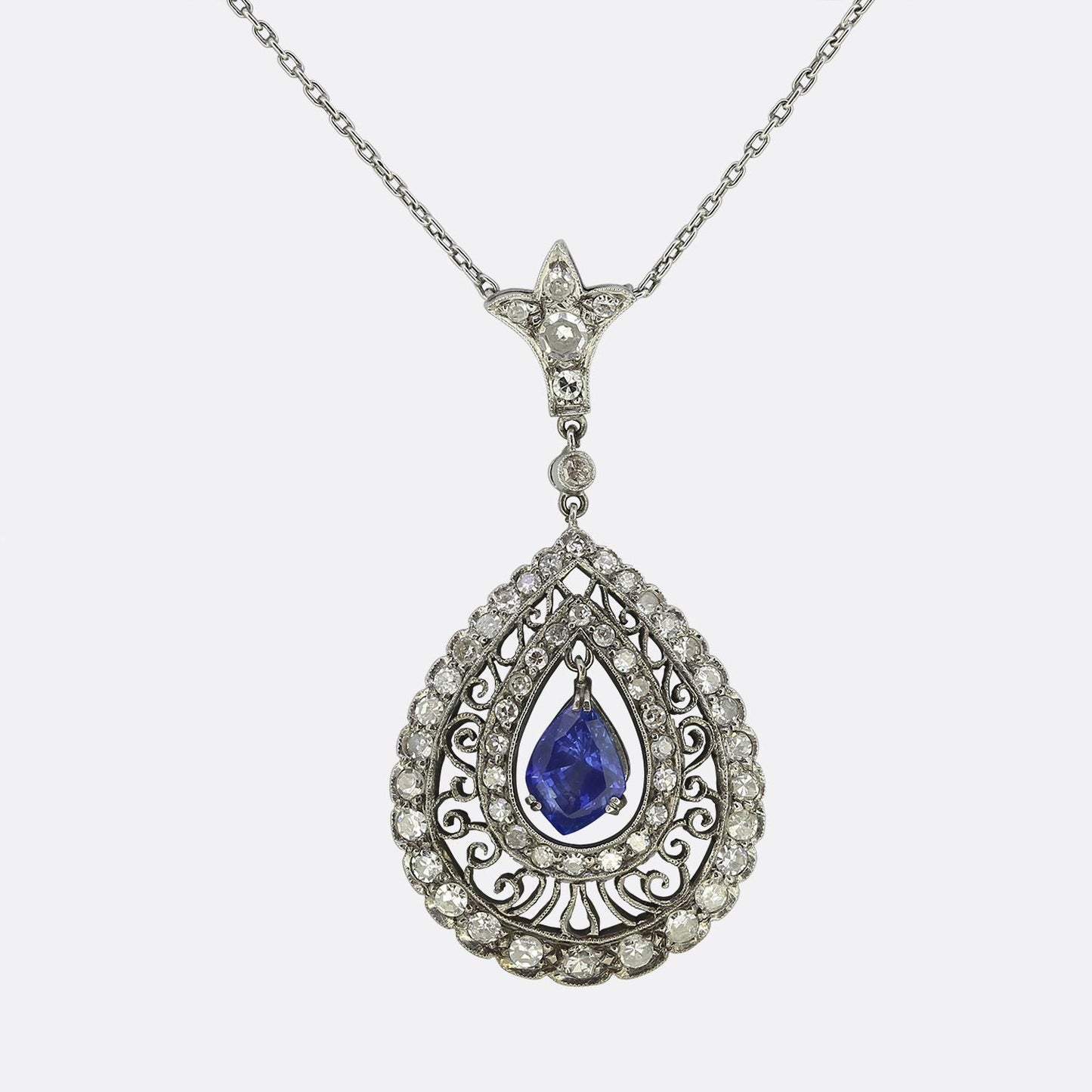 Vintage Unheated Sapphire and Diamond Drop Necklace