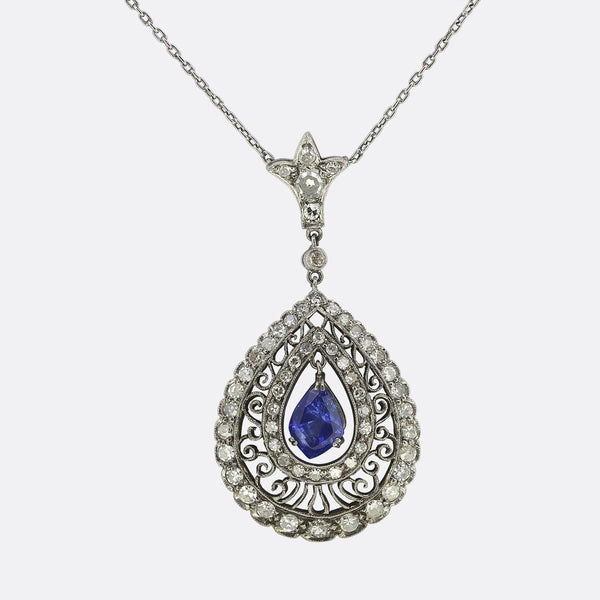 Vintage Unheated Sapphire and Diamond Drop Necklace