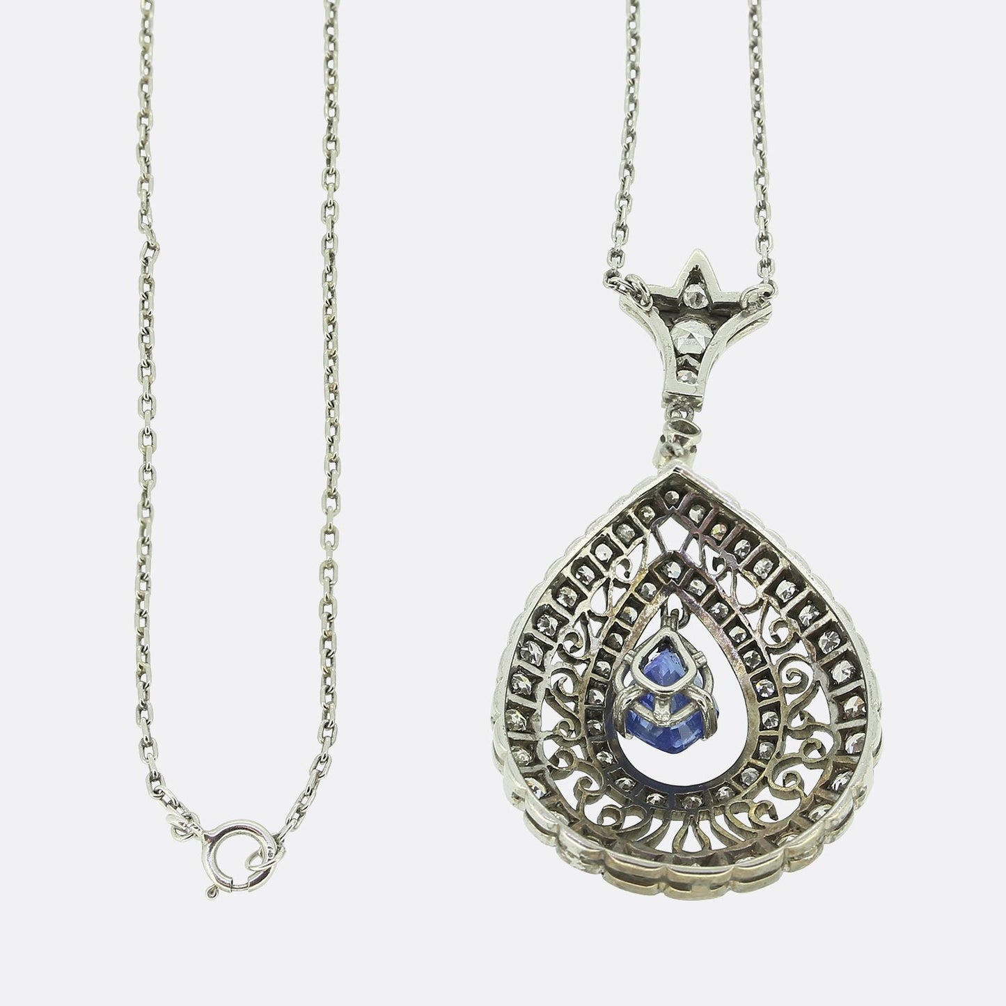 Vintage Unheated Sapphire and Diamond Drop Necklace