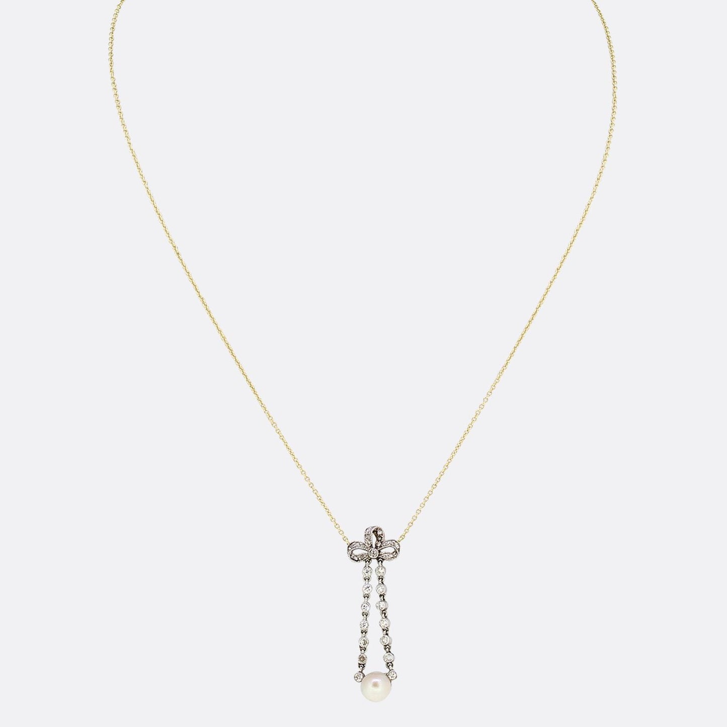 Edwardian Pearl and Diamond Bow Drop Necklace