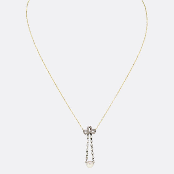 Edwardian Pearl and Diamond Bow Drop Necklace