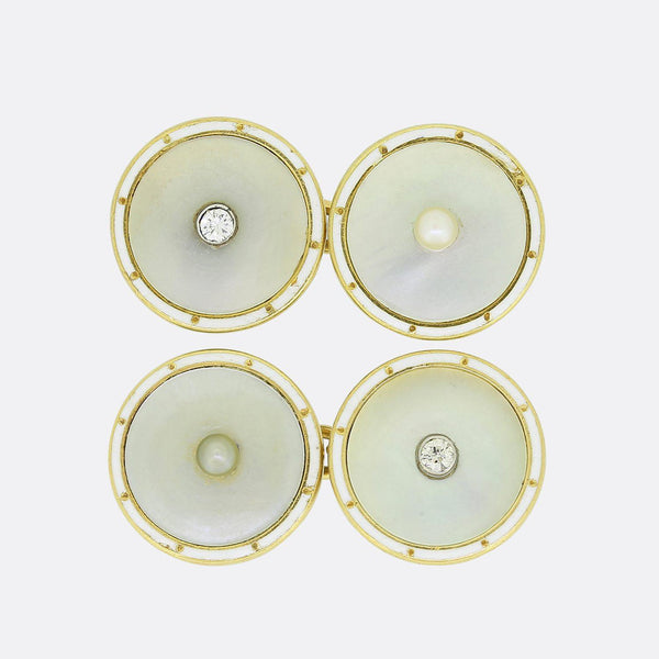 Art Deco Mother Of Pearl Diamond and White Enamel Cufflinks