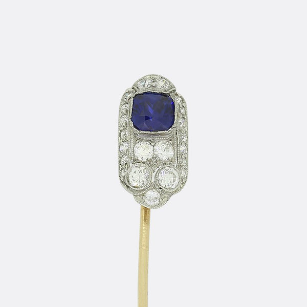 Art Deco 0.61 Carat Ceylon Sapphire and Diamond Stick Pin