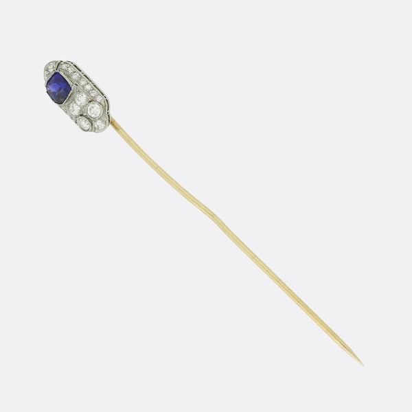 Art Deco 0.61 Carat Ceylon Sapphire and Diamond Stick Pin