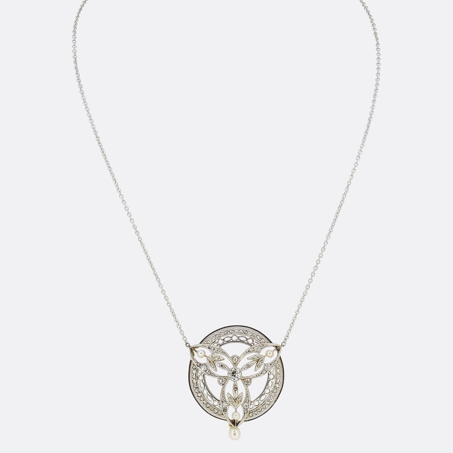 Edwardian Natural Pearl and Diamond Pendant Necklace