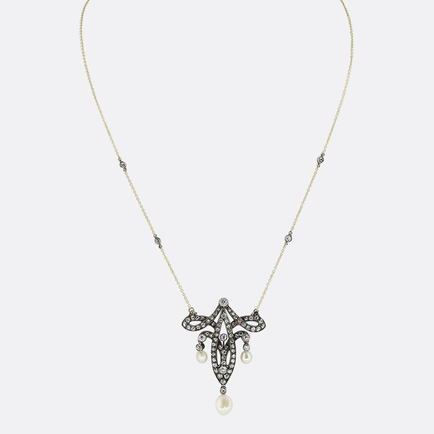 Edwardian Pearl and Diamond Drop Necklace