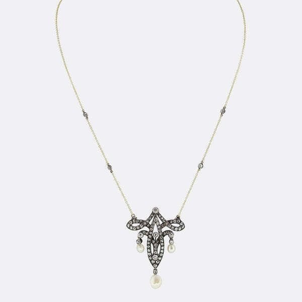 Edwardian Pearl and Diamond Drop Necklace