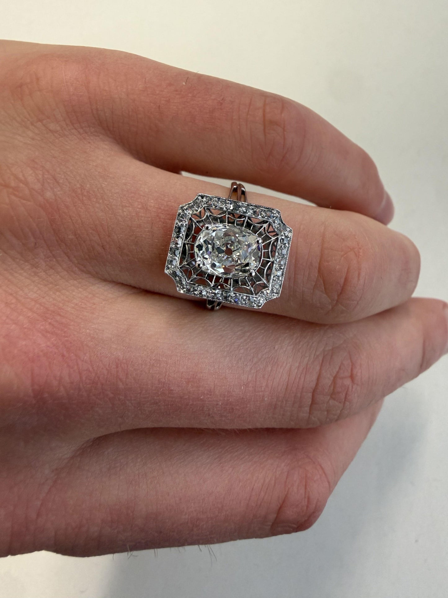 Art Deco Old Cushion Cut Diamond Engagement Ring