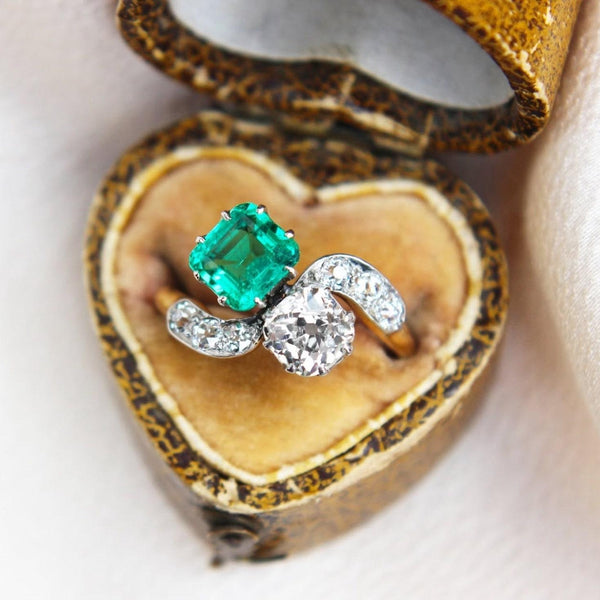 Antique Emerald and Diamond Toi Et Moi Ring