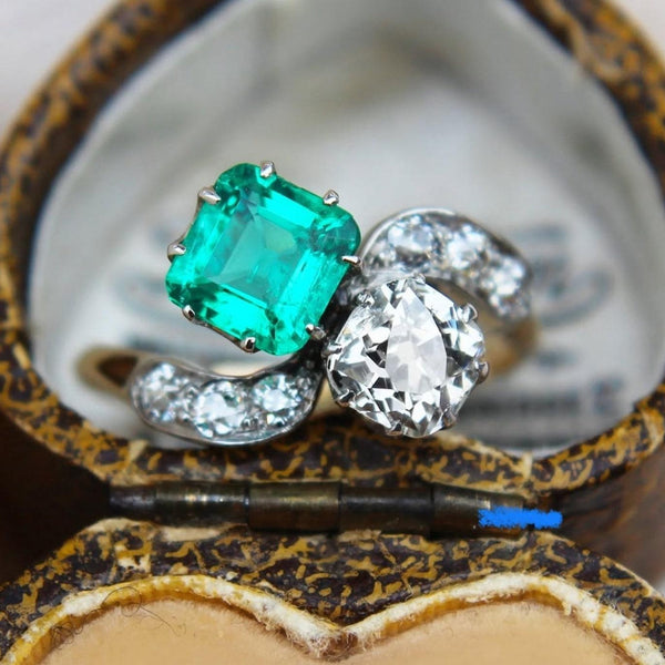 Antique Emerald and Diamond Toi Et Moi Ring