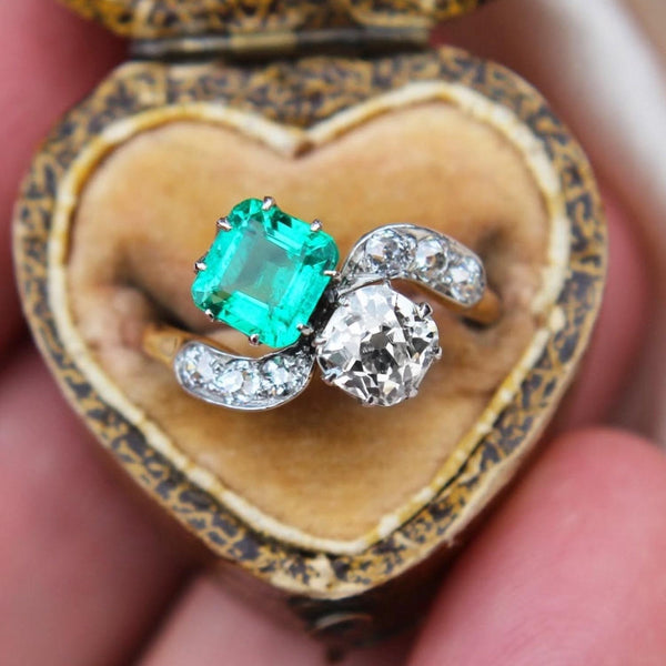 Antique Emerald and Diamond Toi Et Moi Ring