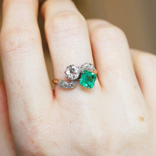 Antique Emerald and Diamond Toi Et Moi Ring