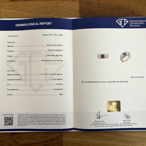 2.10 Carat Burmese Sapphire and Old Cut Diamond Three-Stone Ring