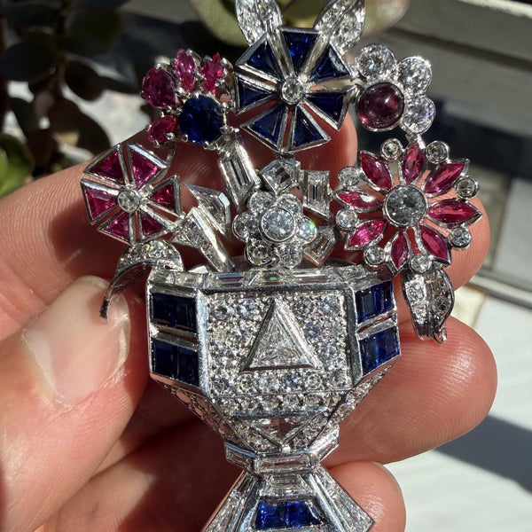 Art Deco Diamond Sapphire and Ruby Basket Brooch