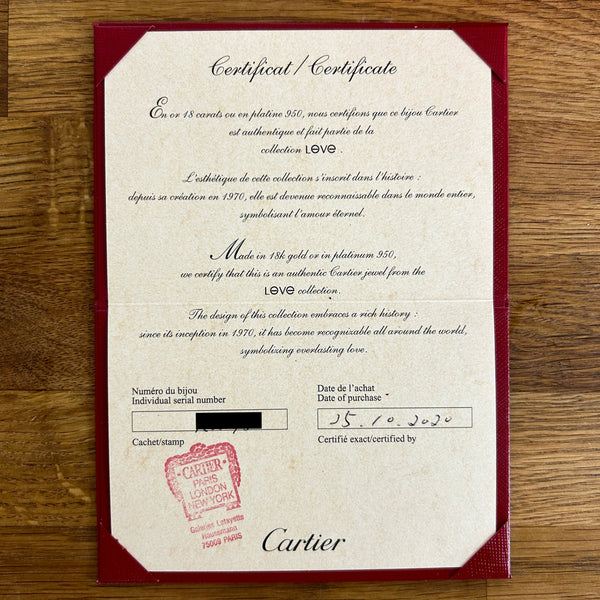 Cartier love bracelet certificate on sale