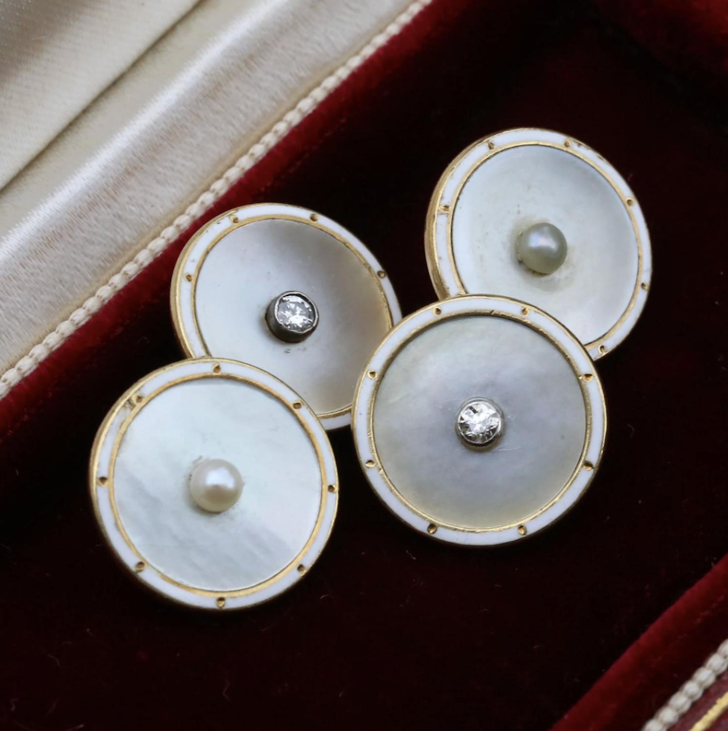 Art Deco Mother Of Pearl Diamond and White Enamel Cufflinks