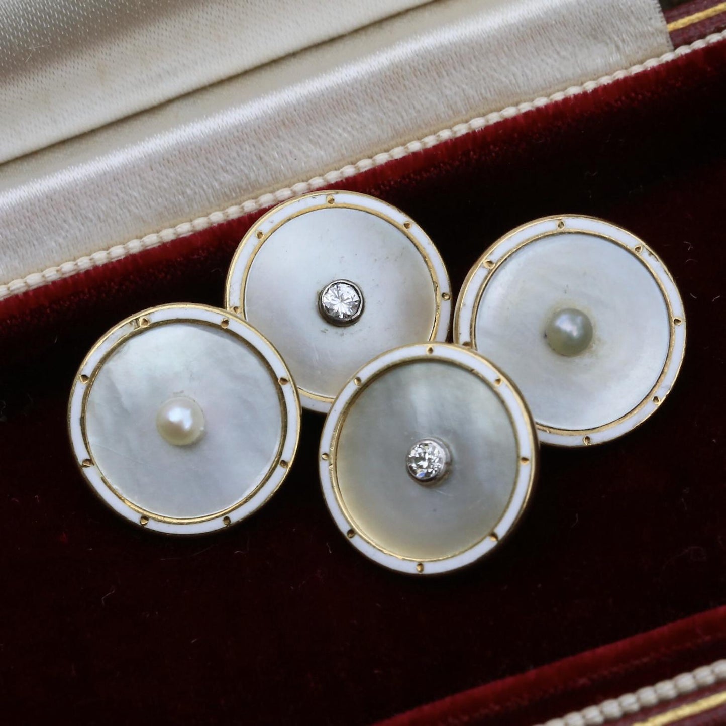 Art Deco Mother Of Pearl Diamond and White Enamel Cufflinks