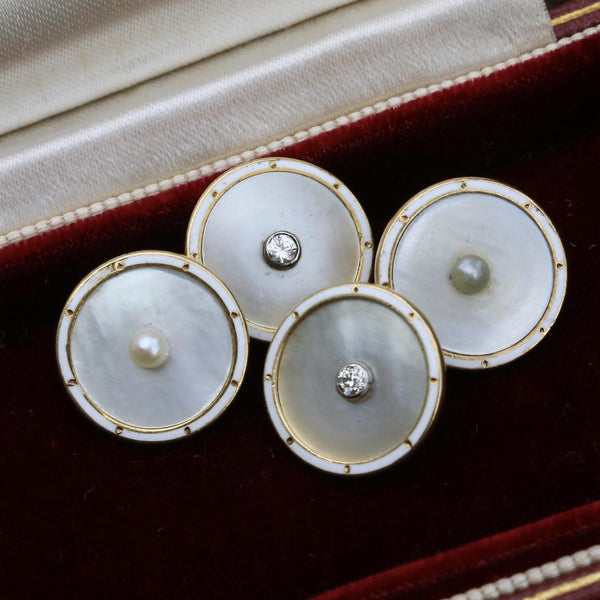 Art Deco Mother Of Pearl Diamond and White Enamel Cufflinks