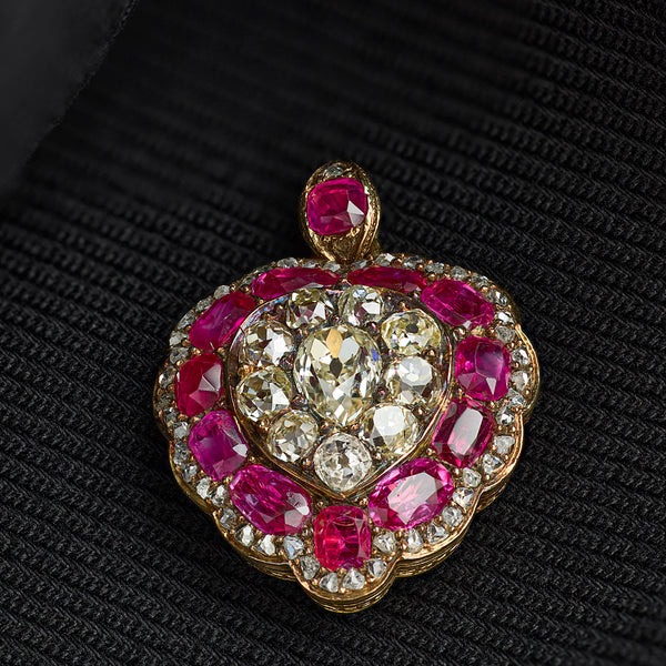 Victorian Burmese Ruby and Diamond Heart Locket Pendant