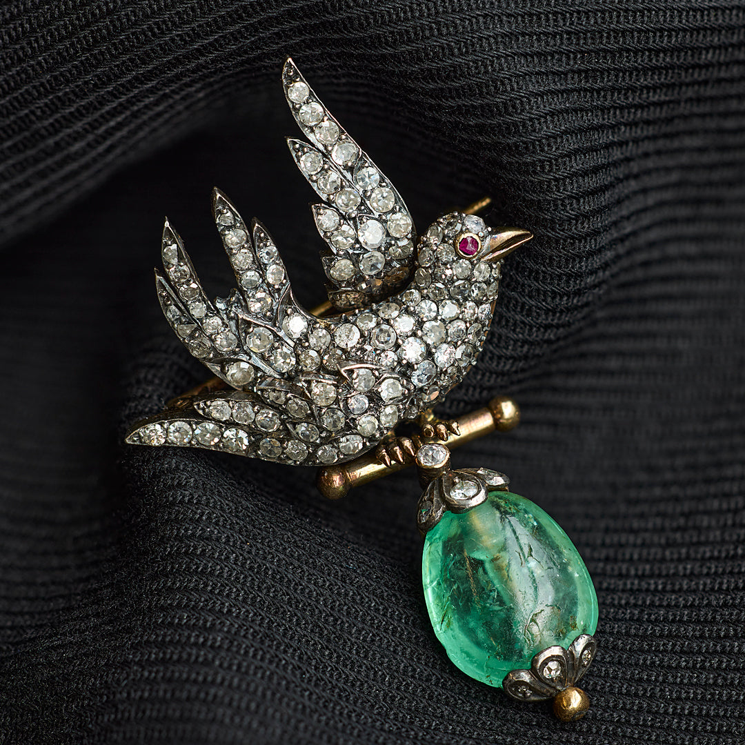 Victorian Diamond Bird and Emerald Drop Brooch