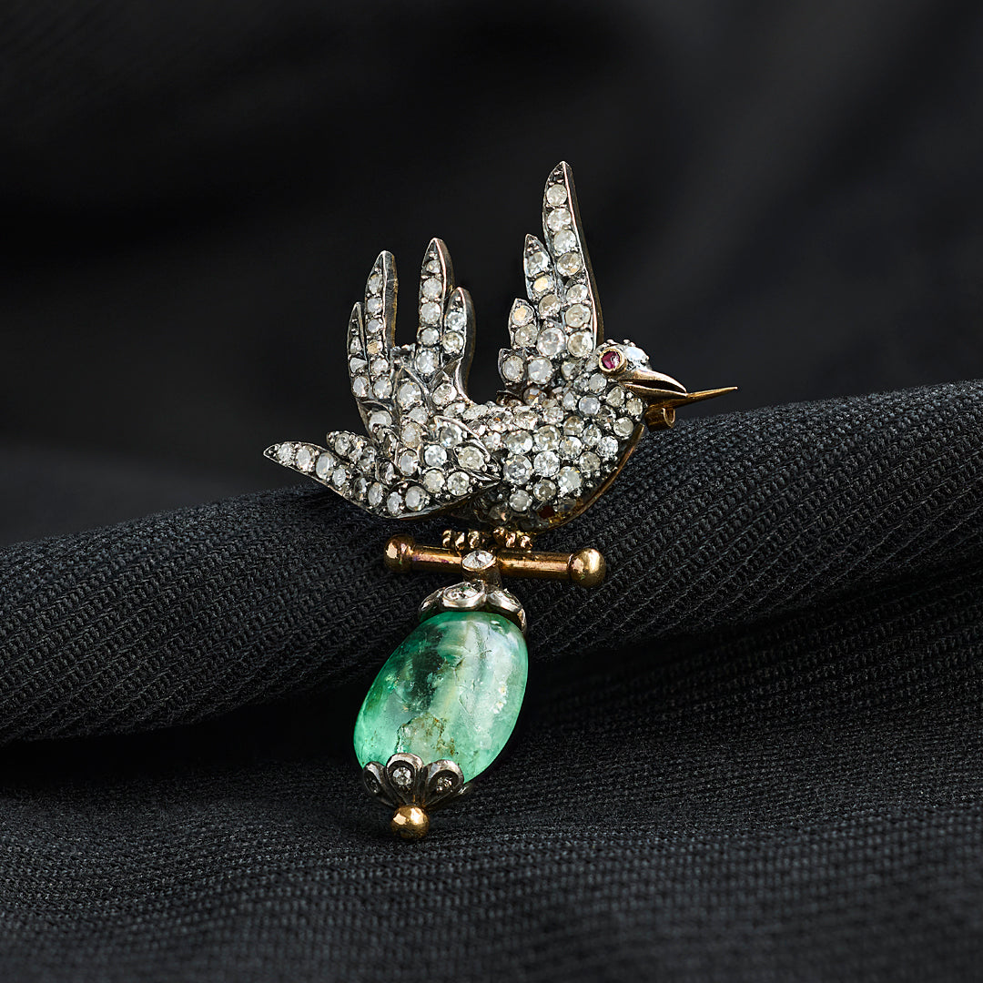 Victorian Diamond Bird and Emerald Drop Brooch