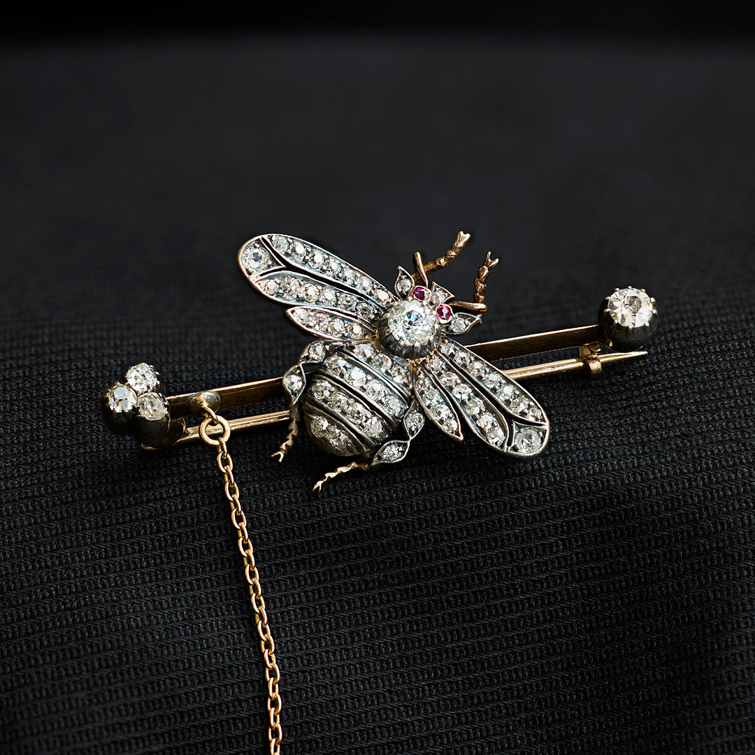 Victorian Ruby and Diamond Fly Bar Brooch