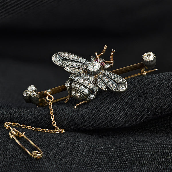 Victorian Ruby and Diamond Fly Bar Brooch