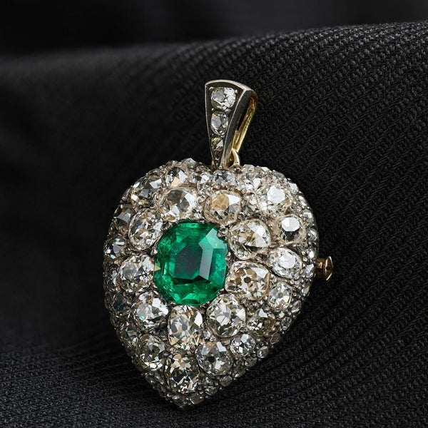 Antique 2.98 Carat Natural Colombian Emerald and Diamond Pendant Brooch
