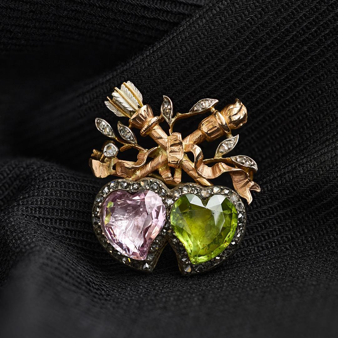 Victorian Pink Topaz and Peridot Witches Heart Brooch