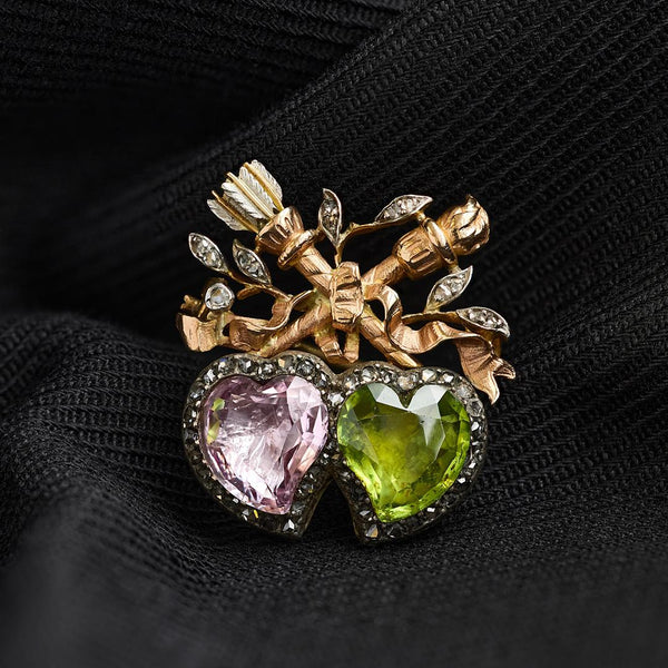 Victorian Pink Topaz and Peridot Witches Heart Brooch