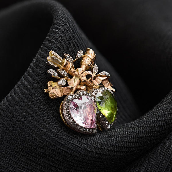 Victorian Pink Topaz and Peridot Witches Heart Brooch