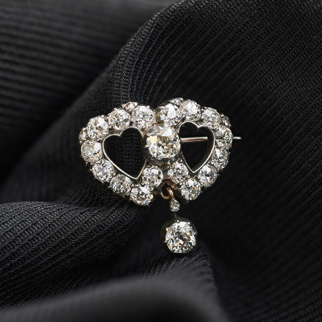 Victorian Old Cut Diamond Double Heart Drop Brooch