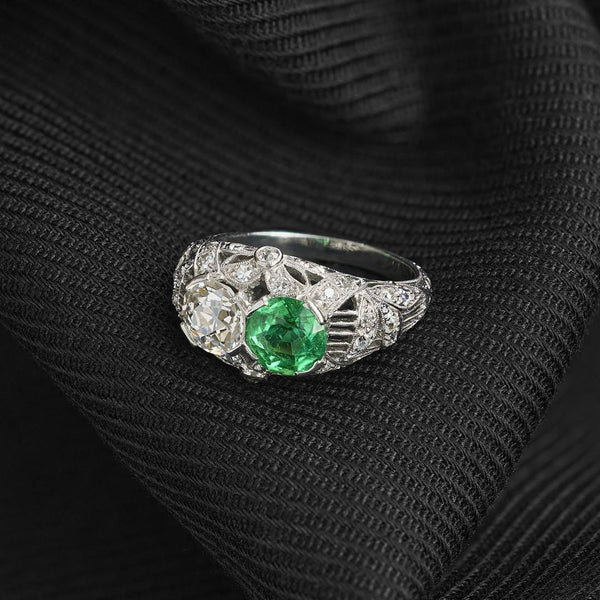 Art Deco Emerald and Diamond Two-Stone Filigree Ring