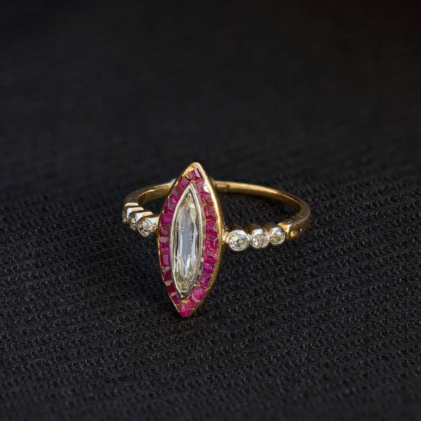 Edwardian Portrait Marquise Cut Diamond and Ruby Ring
