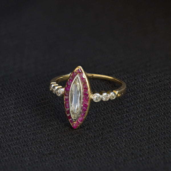 Edwardian Marquise Shape Portrait Cut Diamond and Ruby Ring