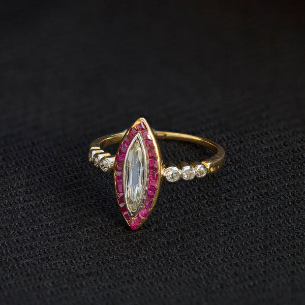 Edwardian Portrait Marquise Cut Diamond and Ruby Ring