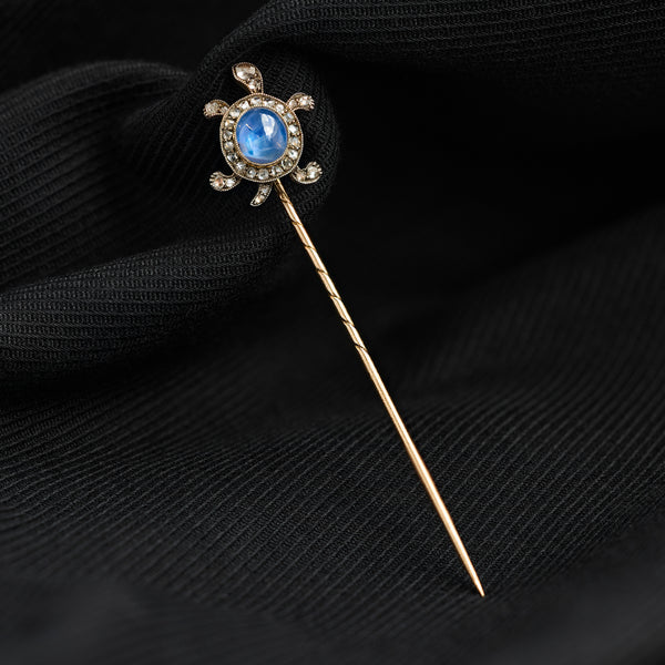 Edwardian Cabochon Sapphire and Diamond Tortoise Stick Pin