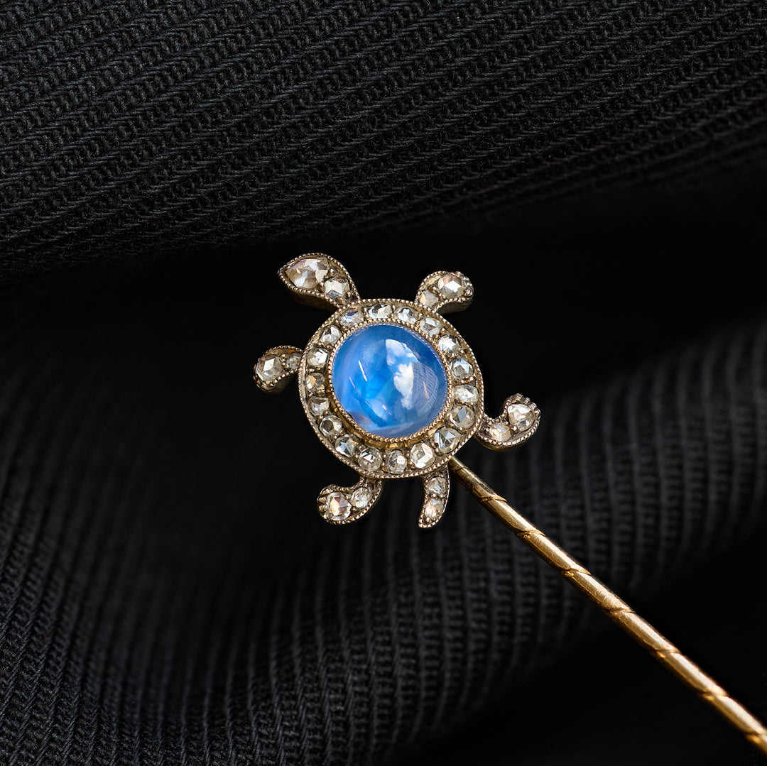 Edwardian Cabochon Sapphire and Diamond Tortoise Stick Pin