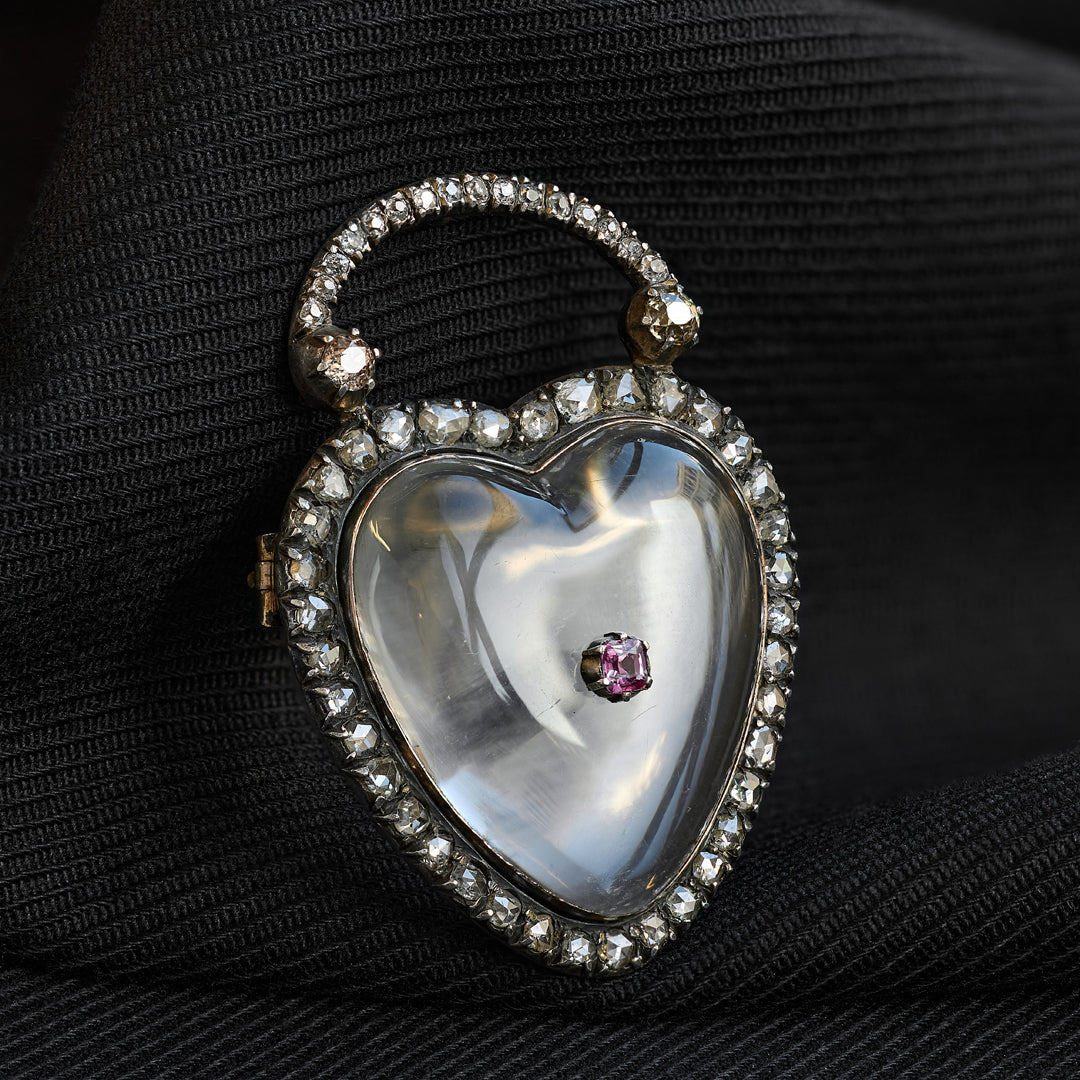Georgian Ruby Diamond and Rock Crystal Heart Pendant Brooch