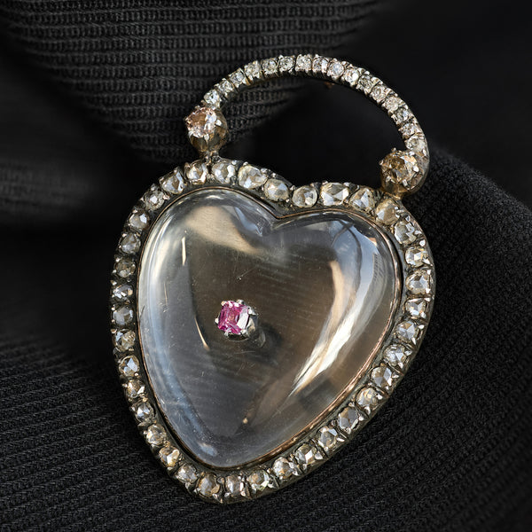 Georgian Ruby Diamond and Rock Crystal Heart Pendant Brooch